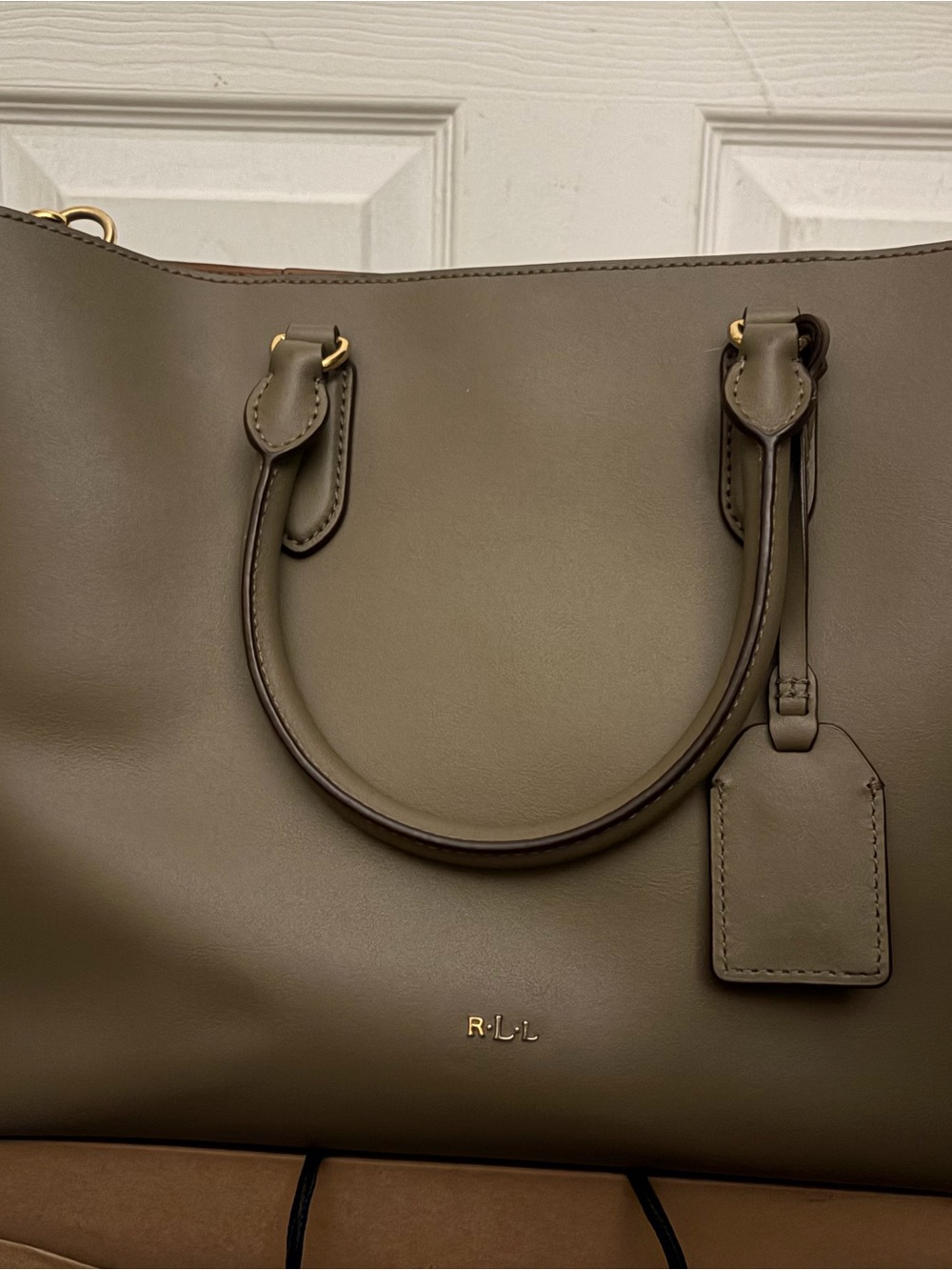 Lauren Ralph Lauren Olive Green Leather Tote with Top Handles